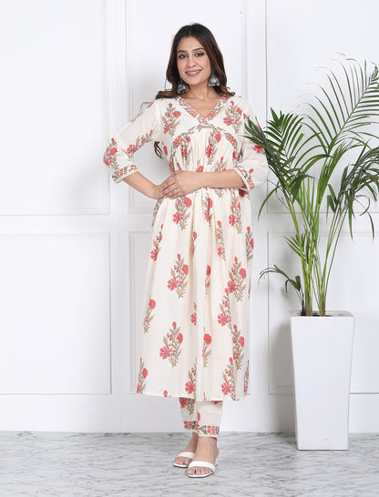 White floral handblock flare suit set