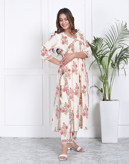 White floral handblock flare suit set