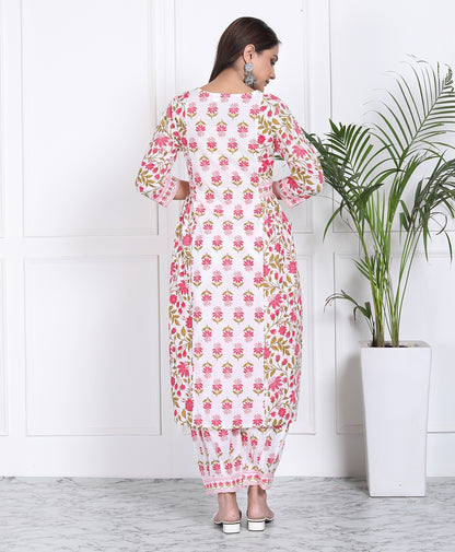 Pink and white floral handblock suit set