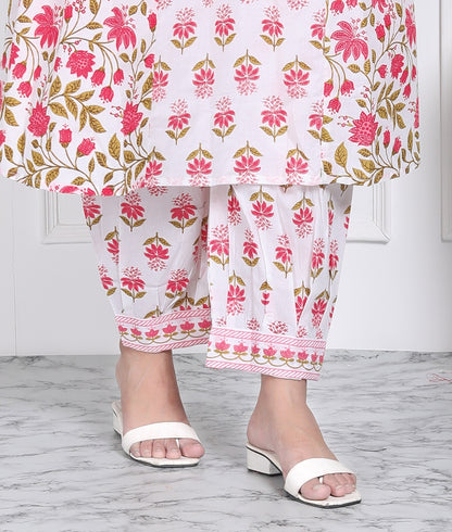 Pink and white floral handblock suit set