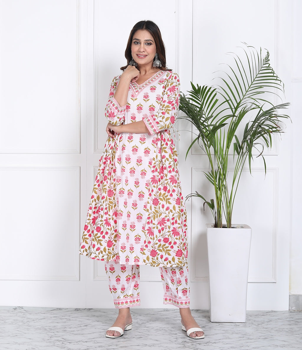 Pink and white floral handblock suit set