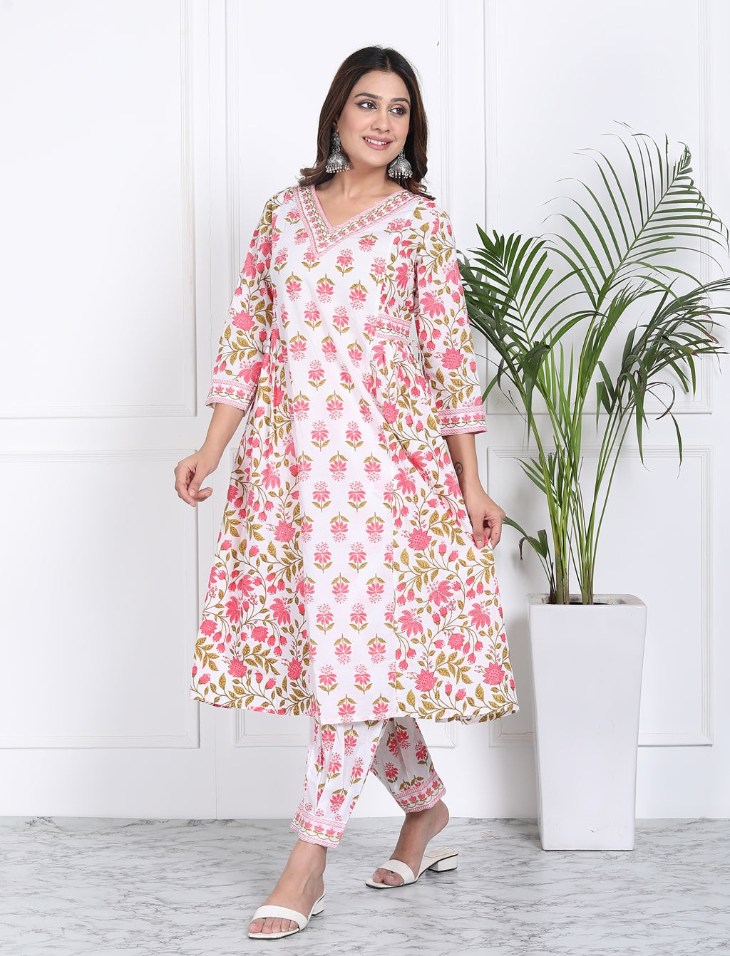 Pink and white floral handblock suit set