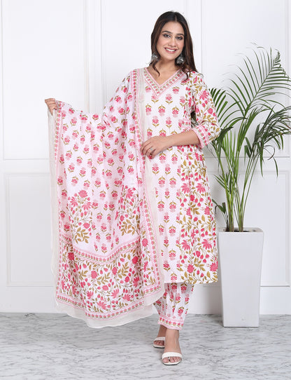 Pink and white floral handblock suit set