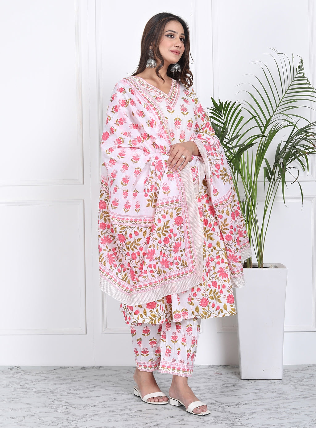 Pink and white floral handblock suit set