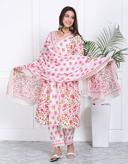 Pink and white floral handblock suit set