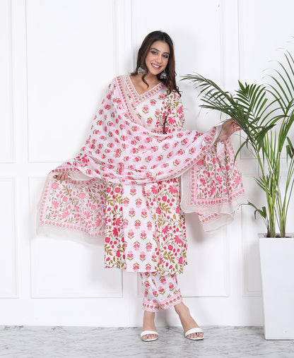 Pink and white floral handblock suit set