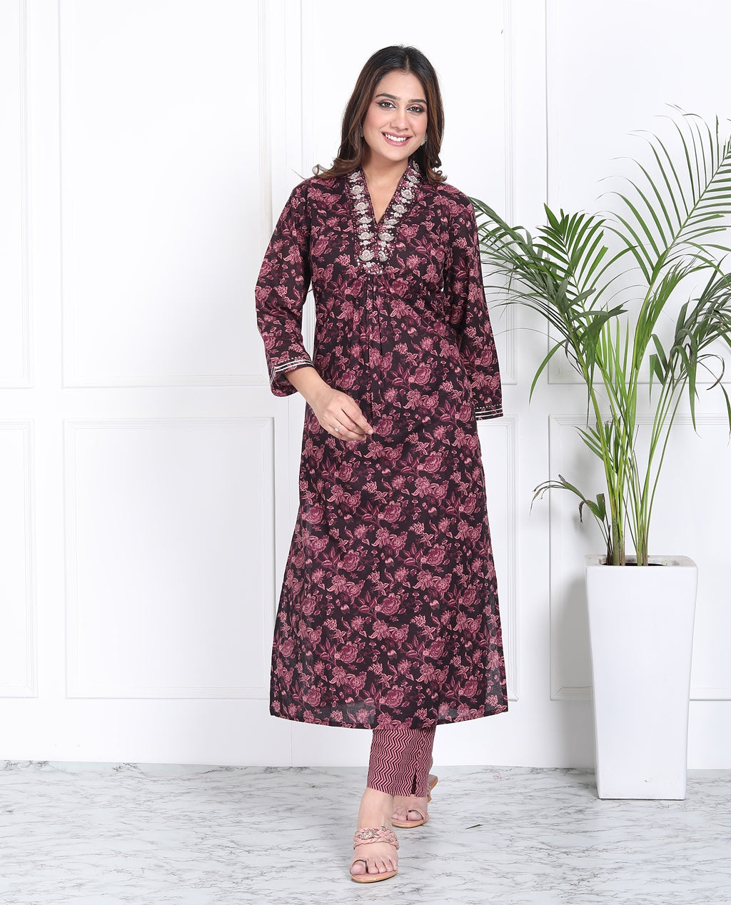 Maroon handwork a line suit set