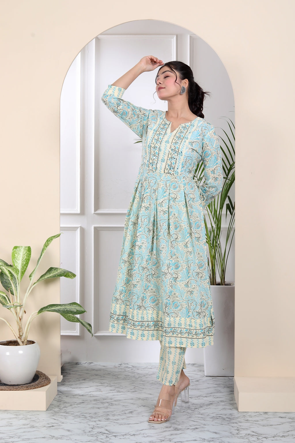 White and blue tassled kurta set