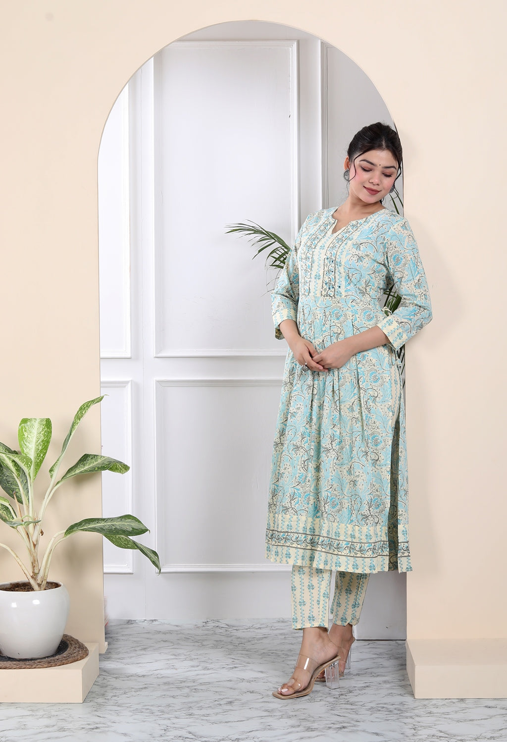 White and blue tassled kurta set