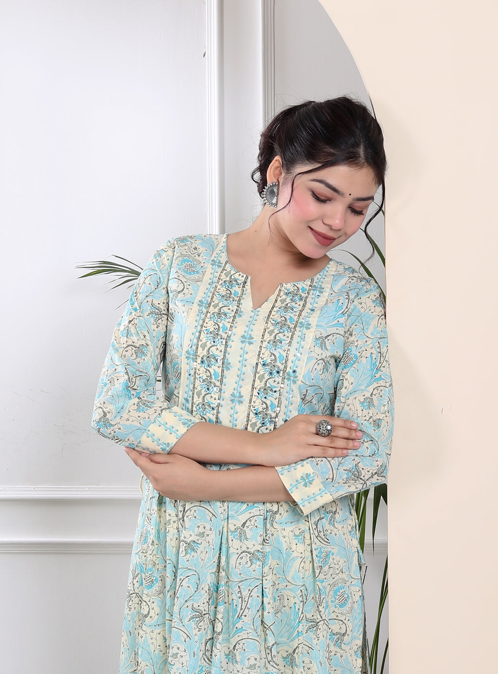 White and blue tassled kurta set