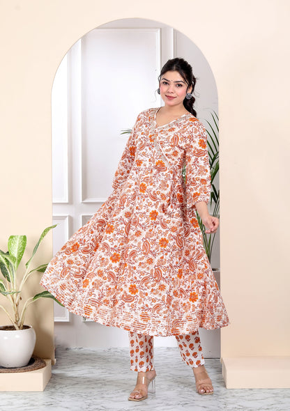 Block print floral anarkali suit set