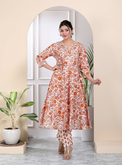 Block print floral anarkali suit set