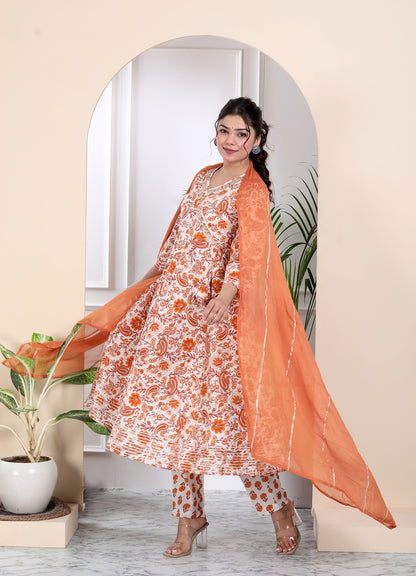 Block print floral anarkali suit set