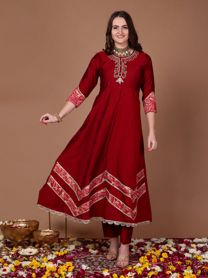 Red applique anarkali suit set