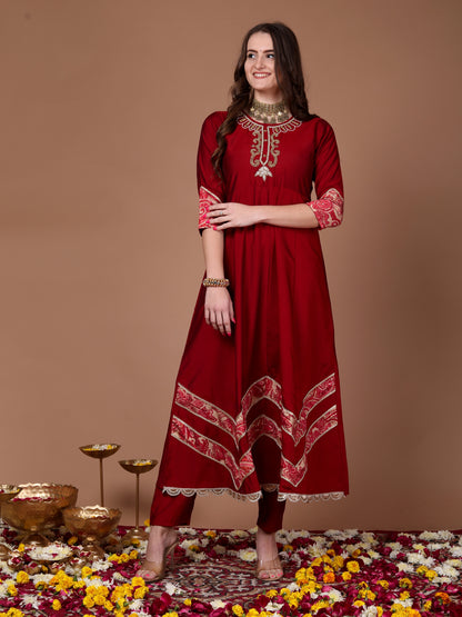 Red applique anarkali suit set