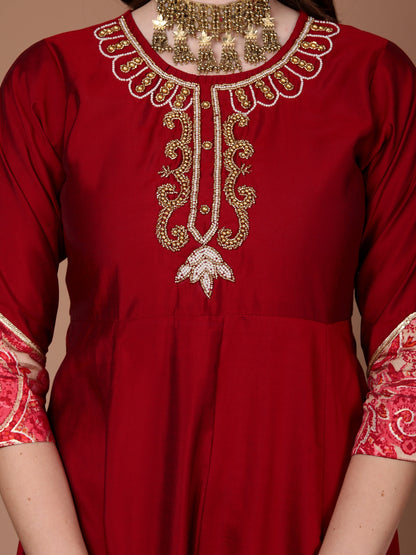 Red applique anarkali suit set