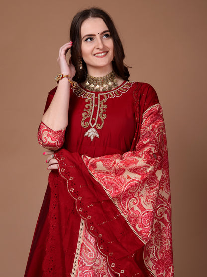 Red applique anarkali suit set