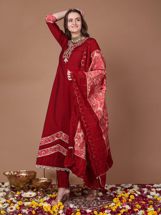 Red applique anarkali suit set