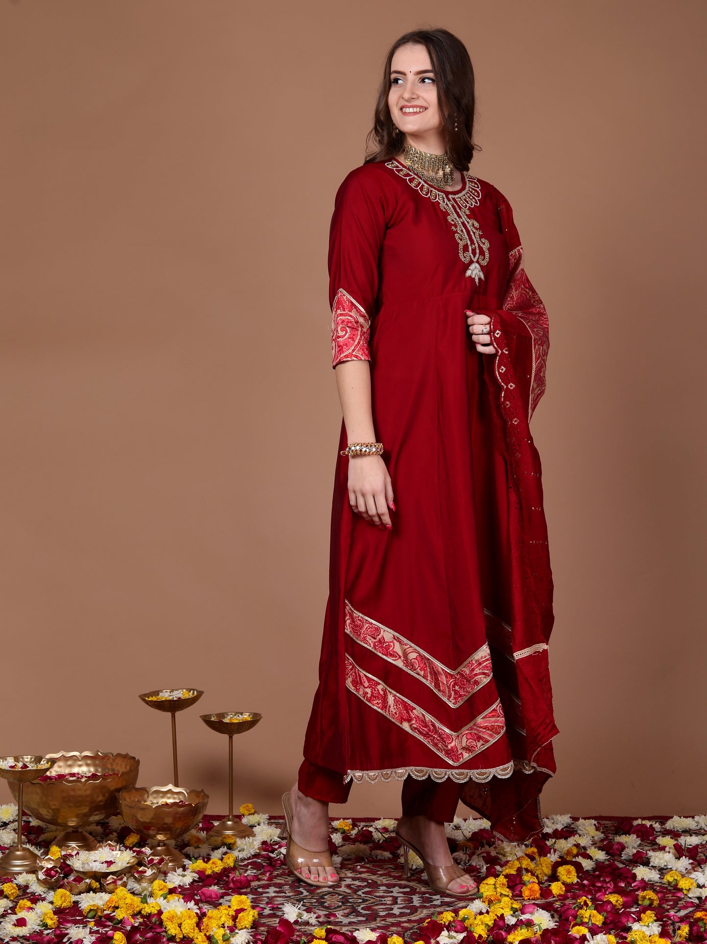 Red applique anarkali suit set