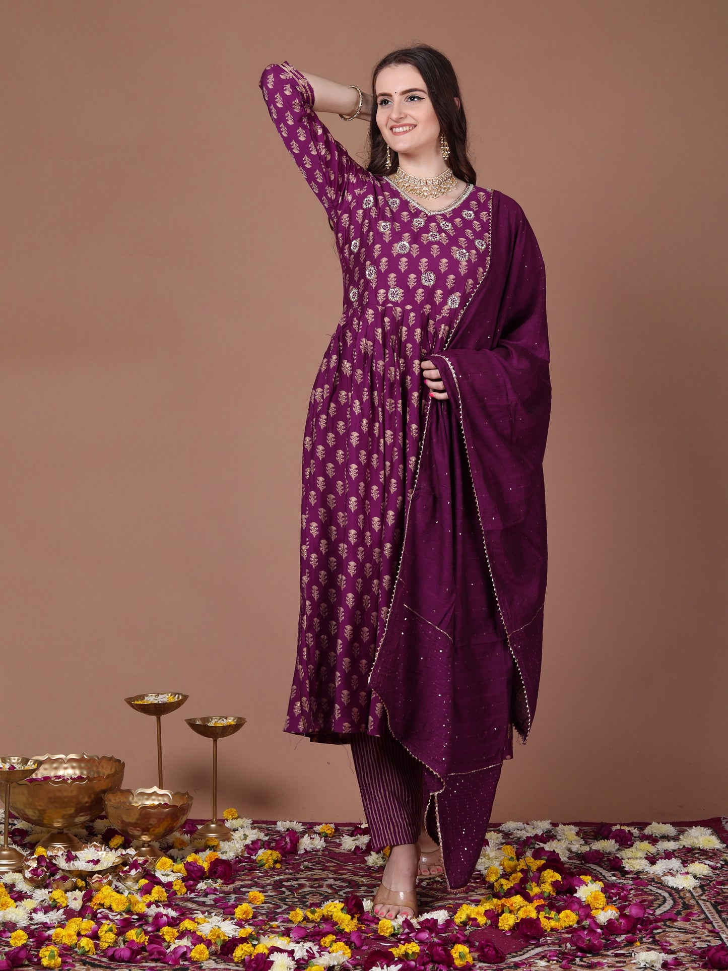 Deep violet flared suit set