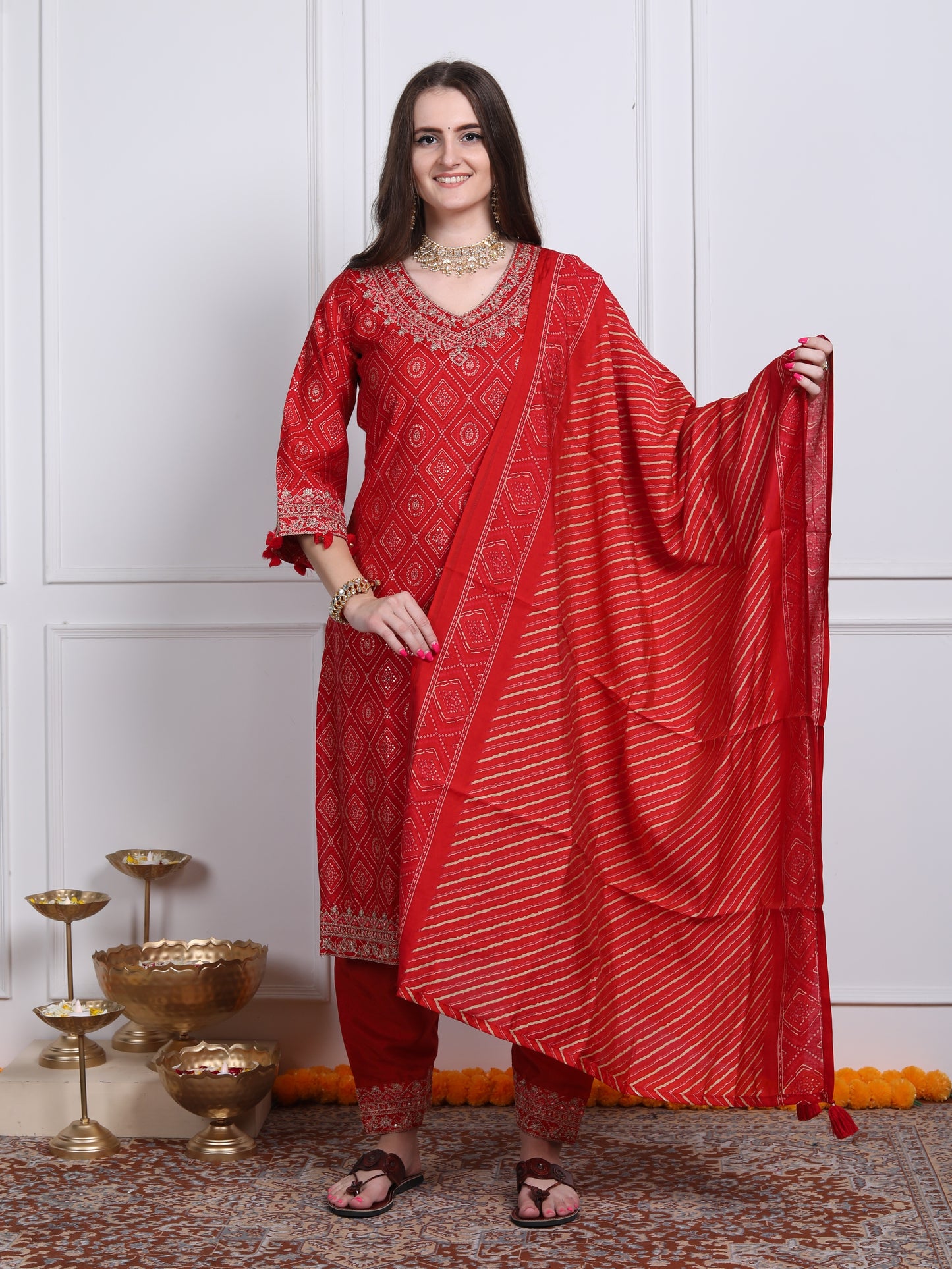 Red bandhani suit set