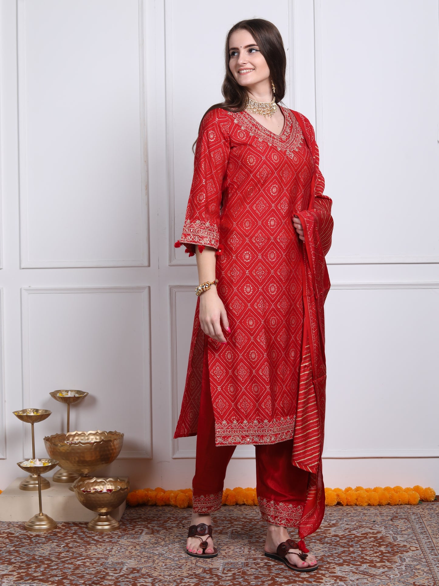 Red bandhani suit set