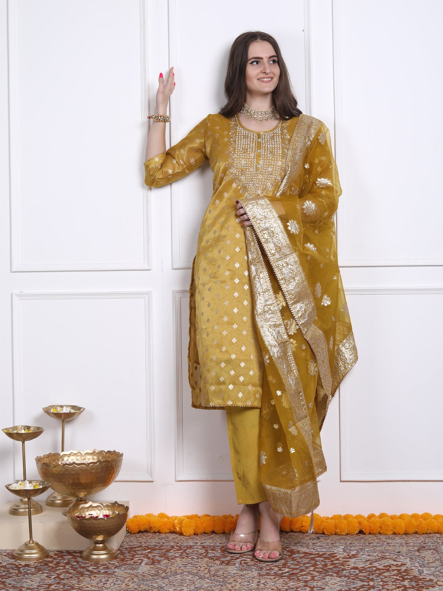 Golden yellow tissue organza suit set