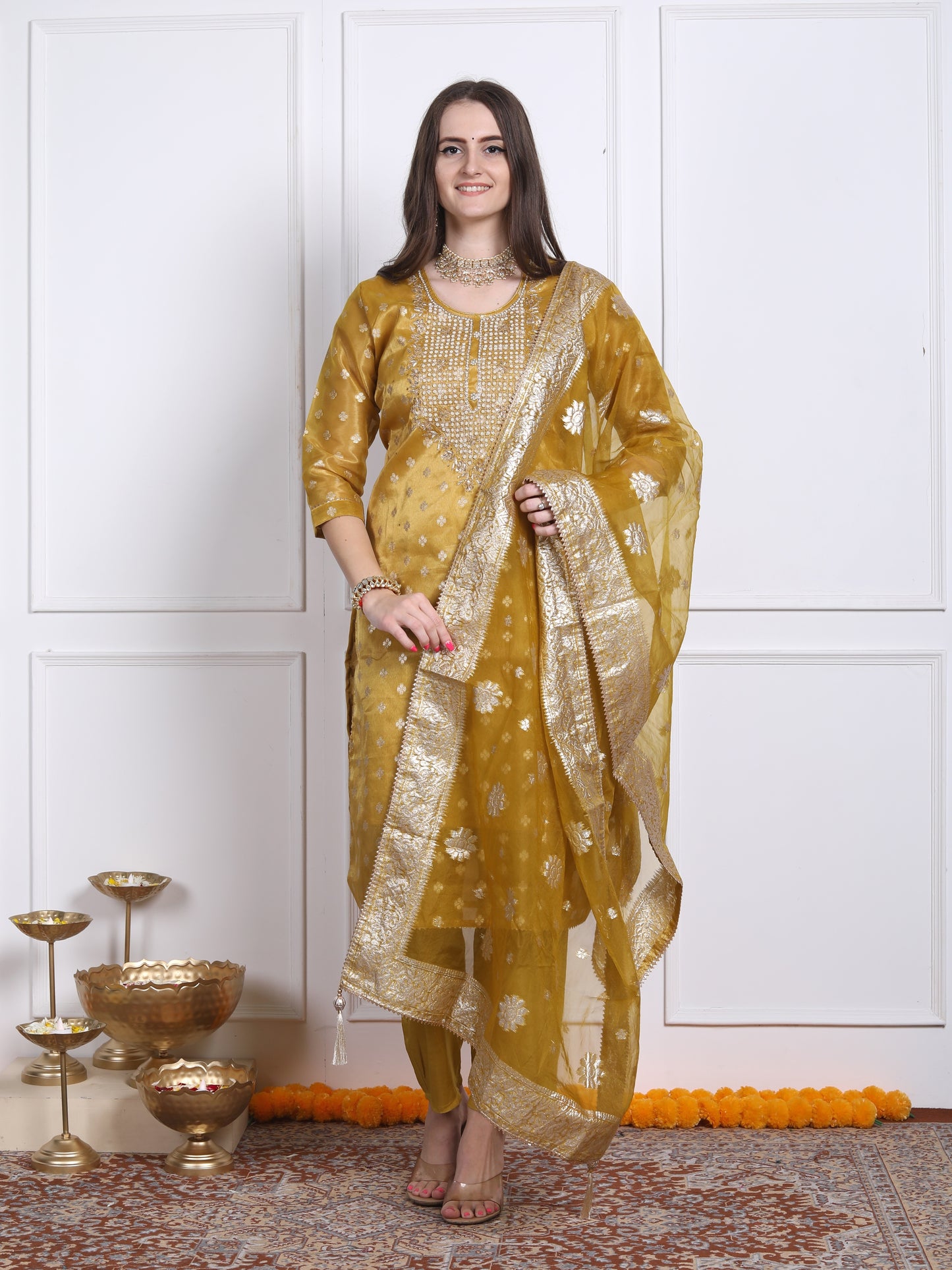 Golden yellow tissue organza suit set