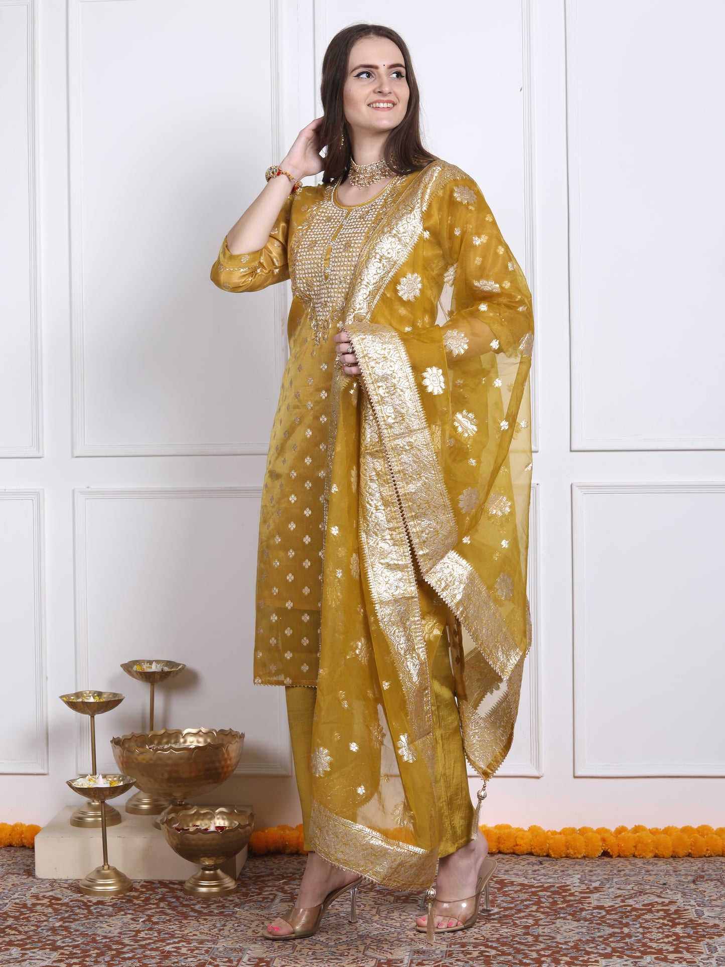 Golden yellow tissue organza suit set