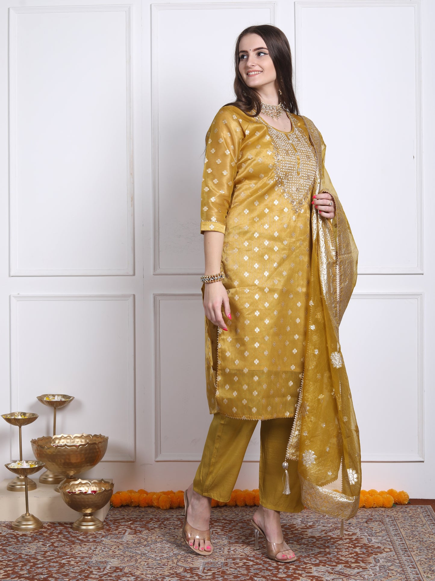 Golden yellow tissue organza suit set