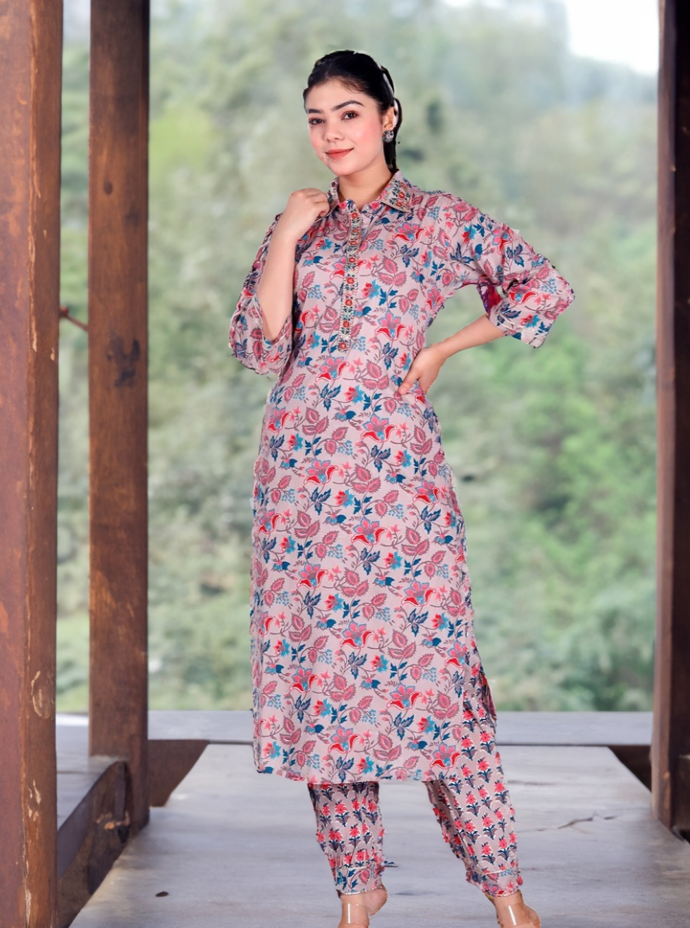 Grey floral kurta set