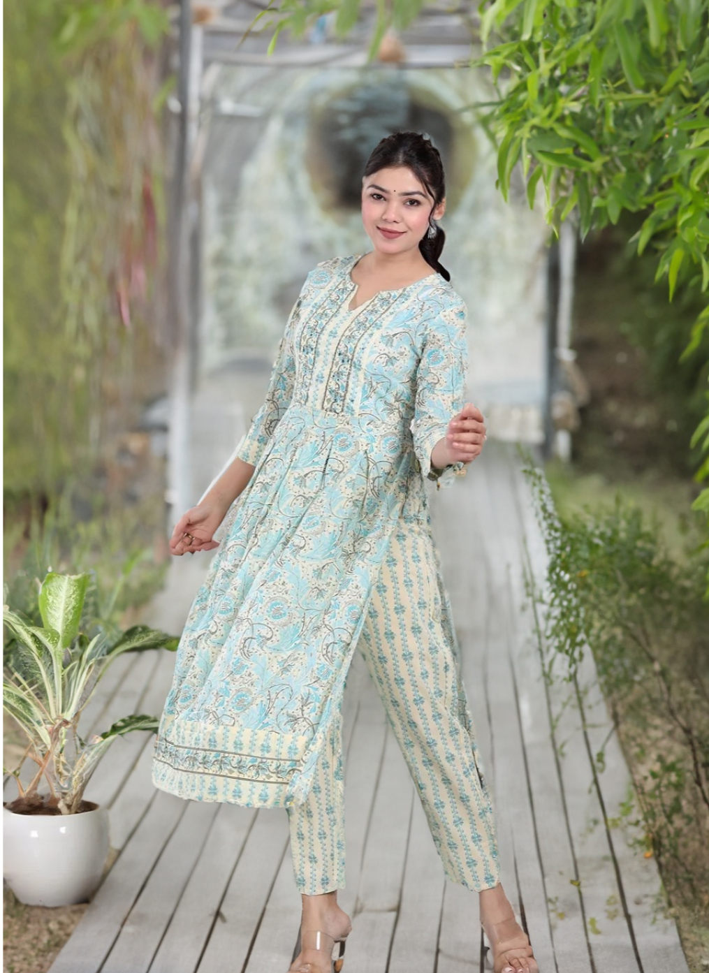 White and blue tassled kurta set