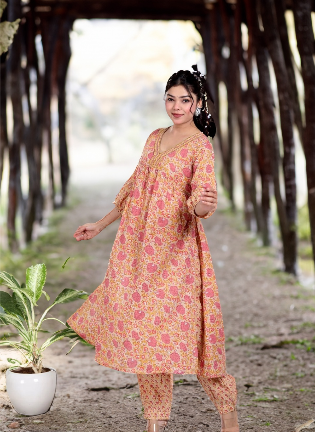 Sand-brown Flared kurta set