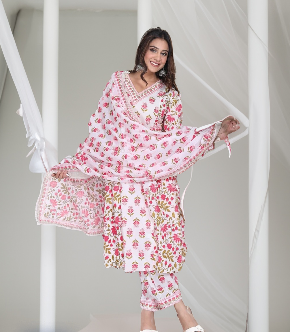 Pink and white floral handblock suit set