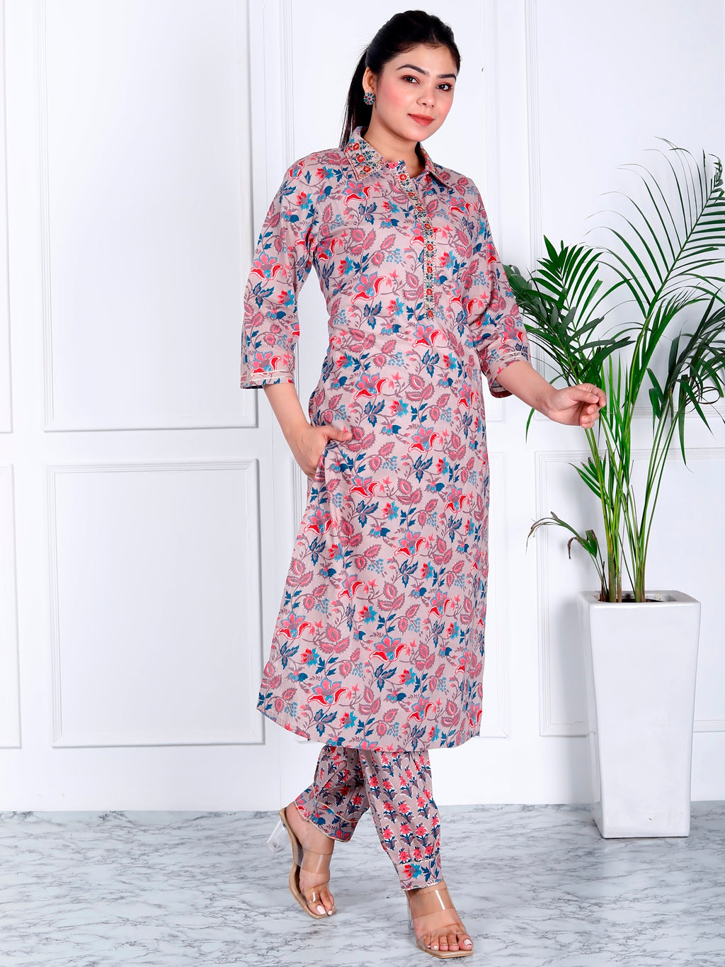 Grey floral kurta set