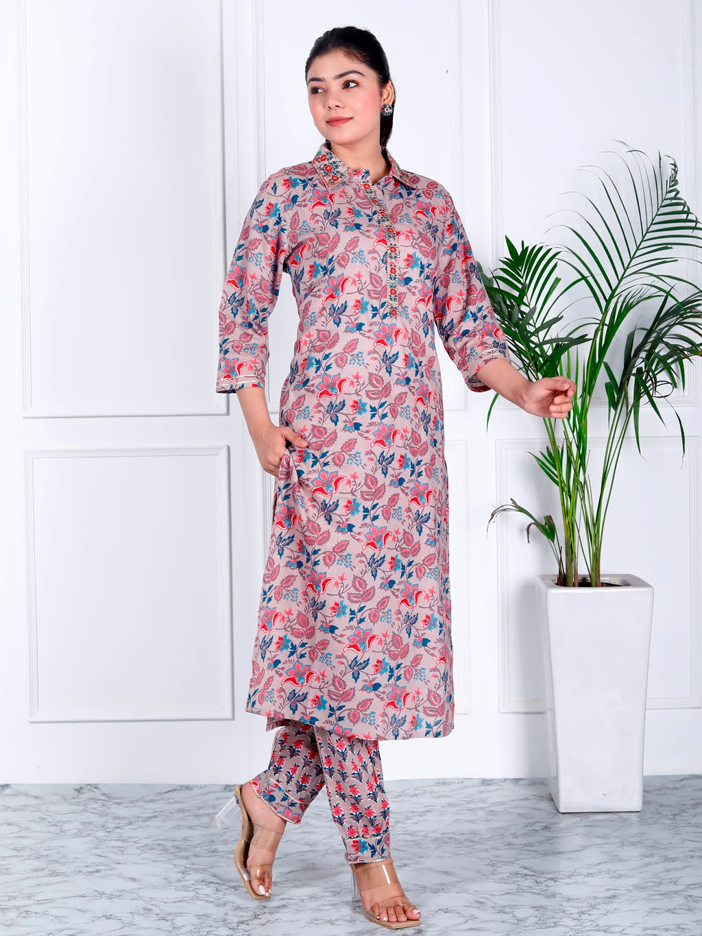 Grey floral kurta set