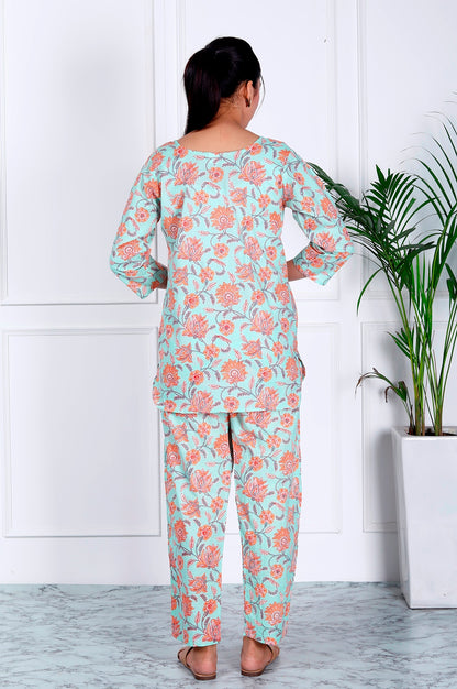 Sea green floral cotton co-ord set