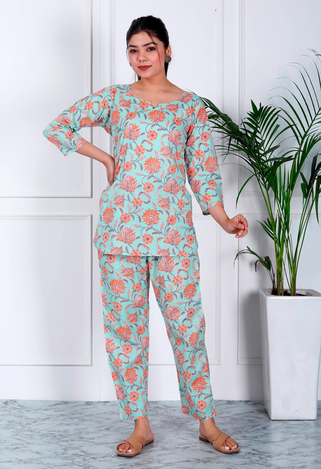 Sea green floral cotton co-ord set