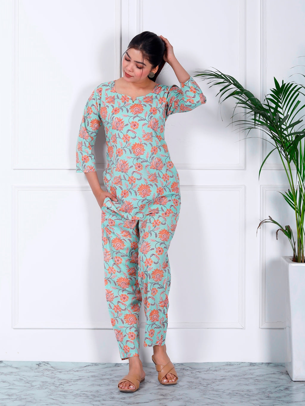 Sea green floral cotton co-ord set