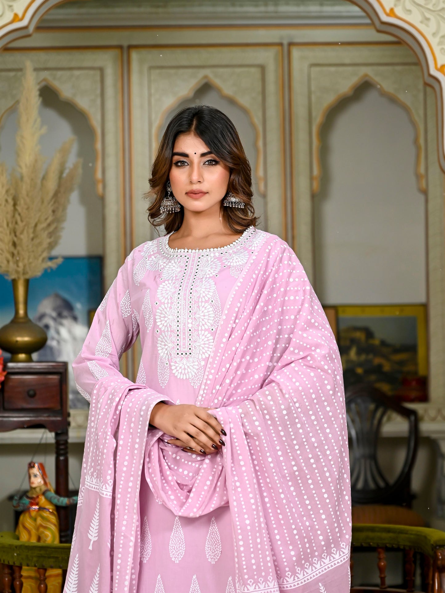 Pink embroidered tasseled suit set