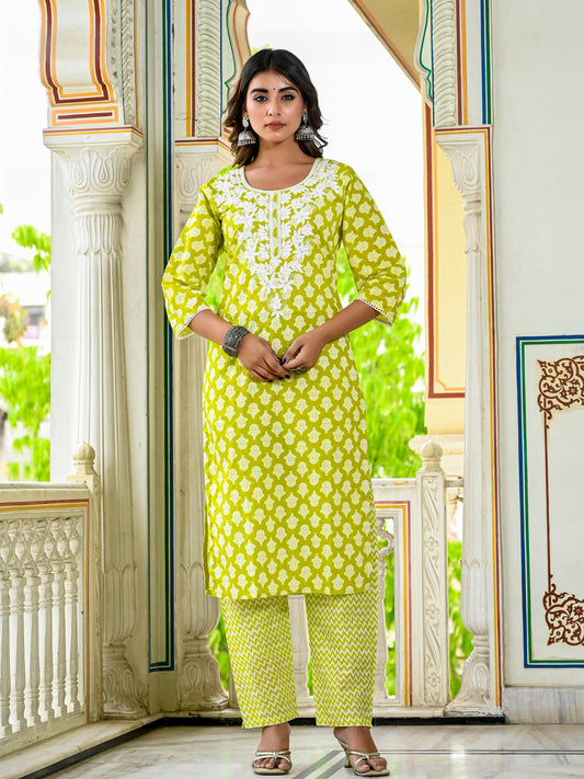 Lime embroidered suit set