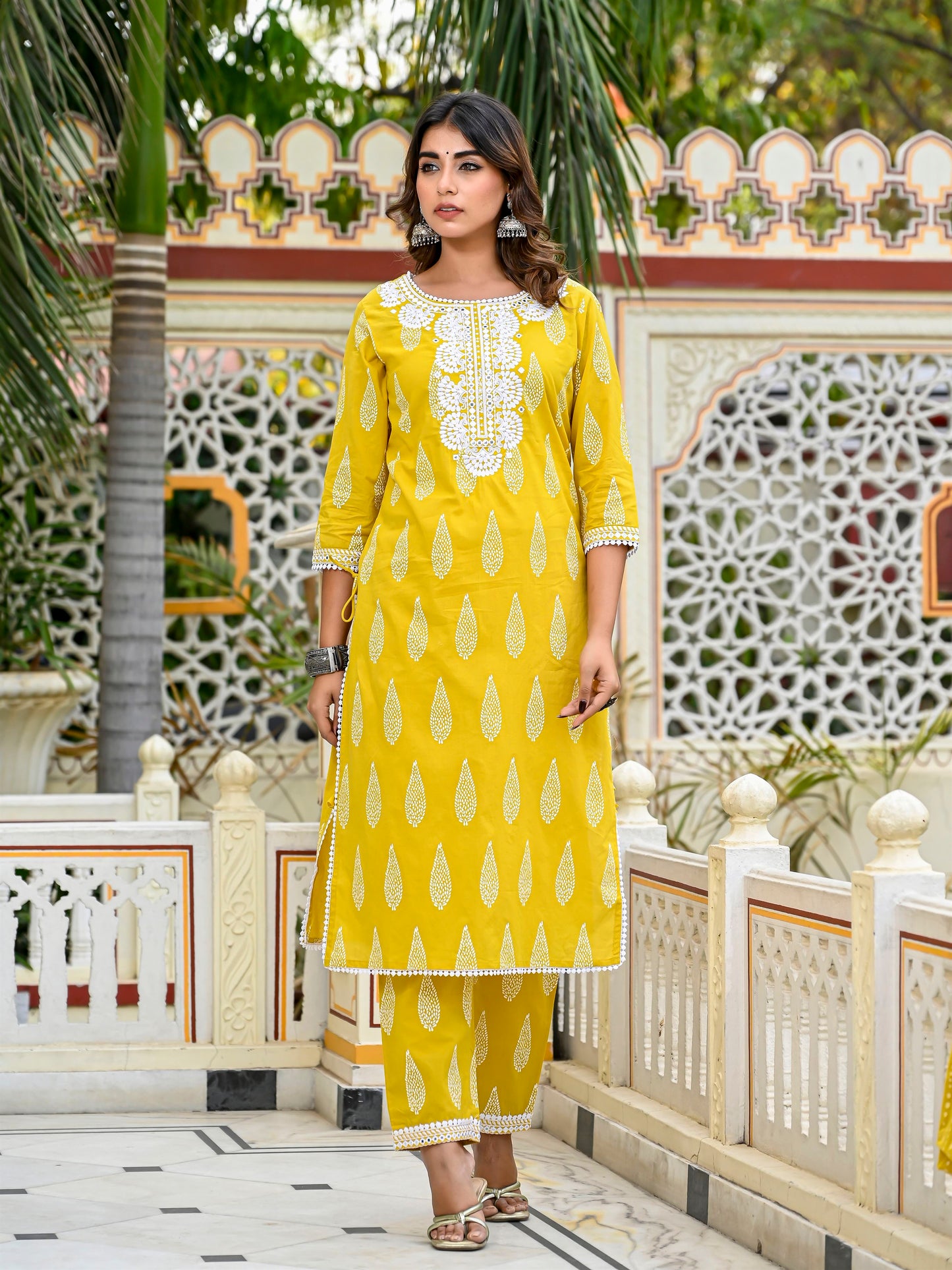 Yellow embroidered tasseled suit set