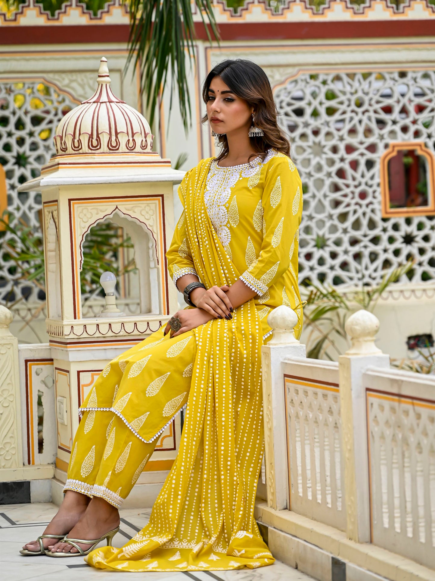 Yellow embroidered tasseled suit set