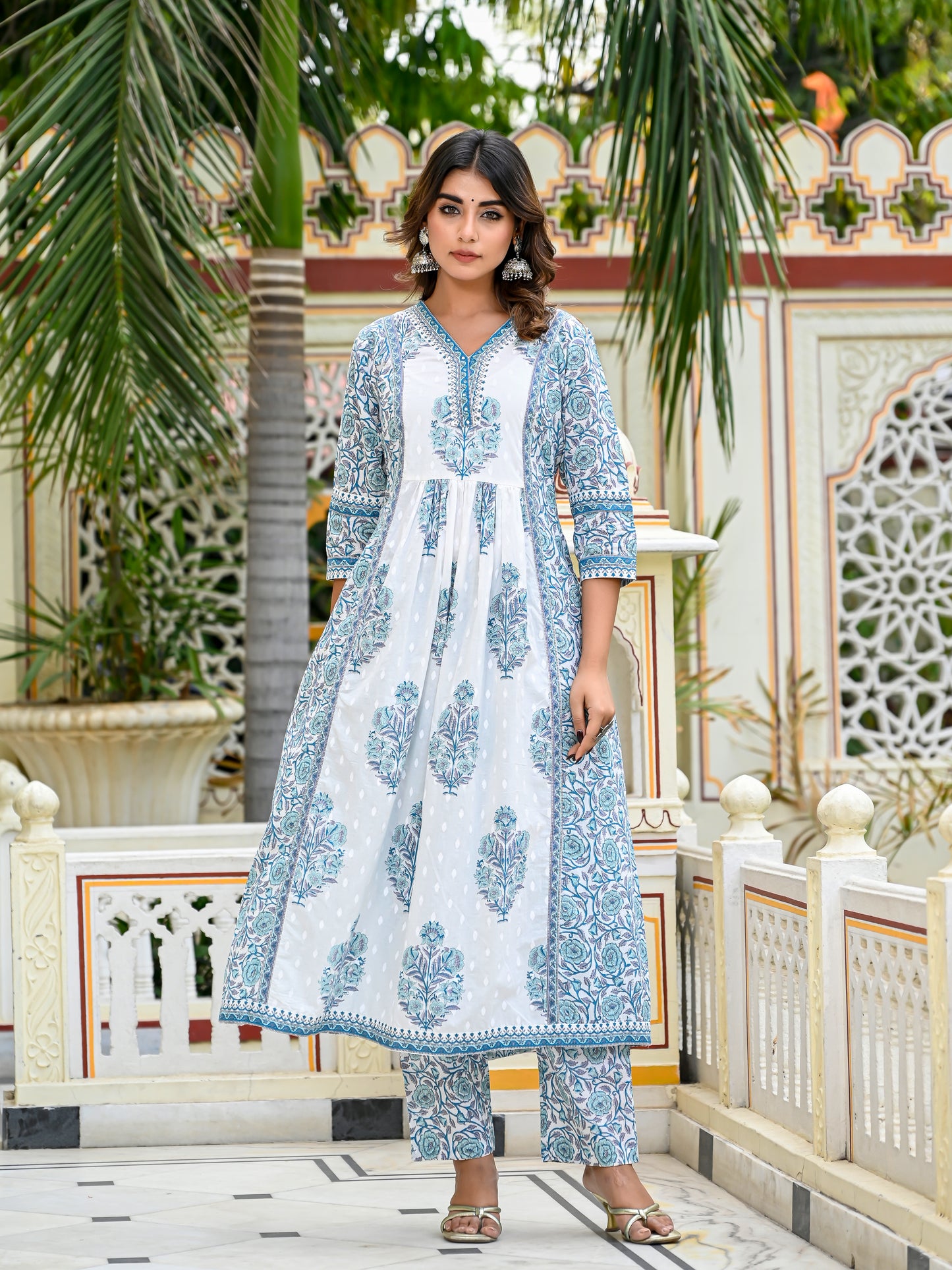 Breezy blue handblock anarkali