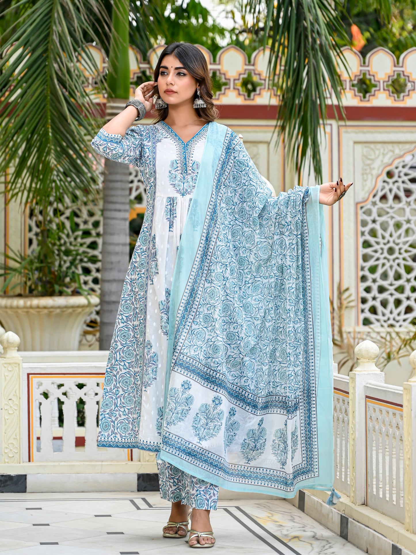 Breezy blue handblock anarkali