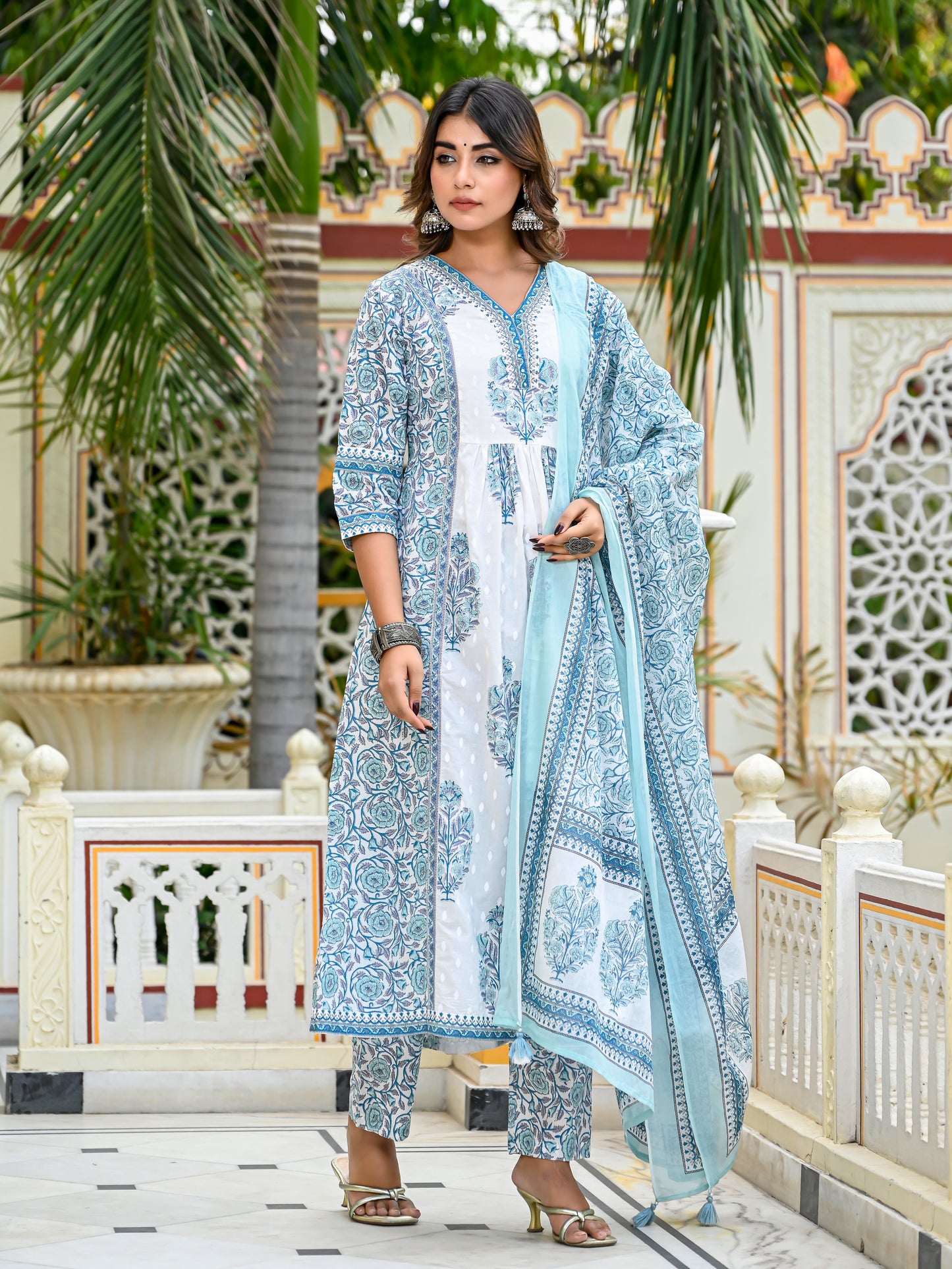 Breezy blue handblock anarkali