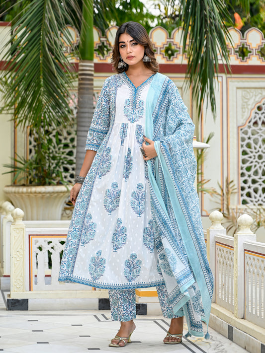 Breezy blue handblock anarkali