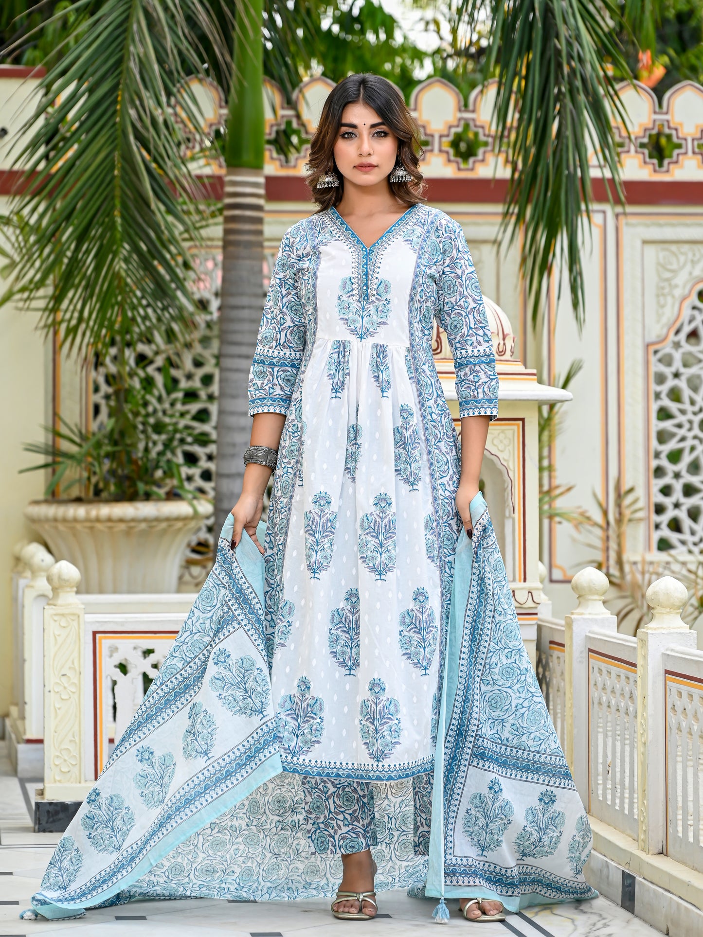 Breezy blue handblock anarkali