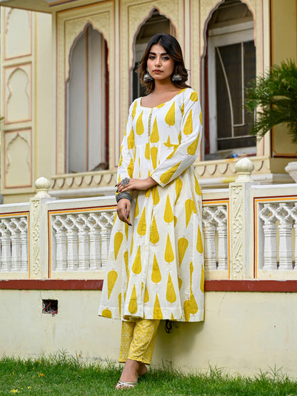 White and yellow leaf print anarkali suit set