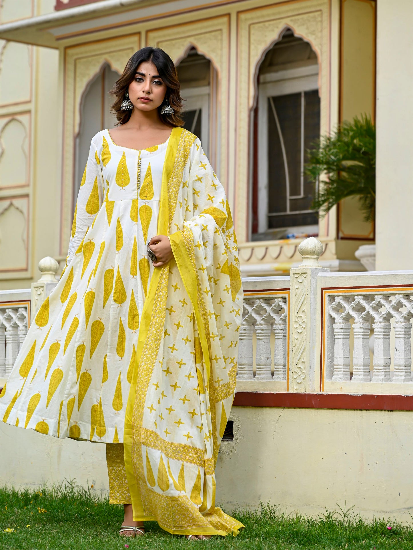 White and yellow leaf print anarkali suit set